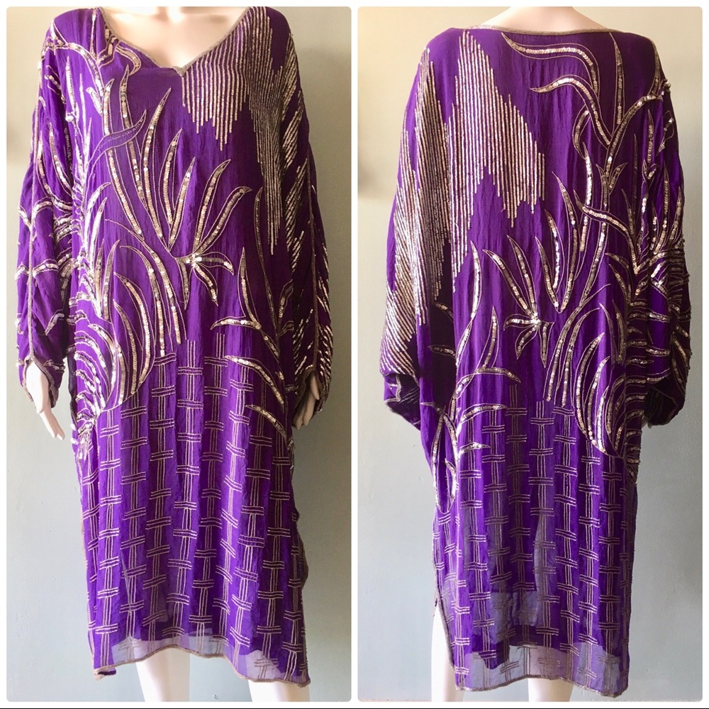 Vintage Silk Purple Silver Sequin Gown Large